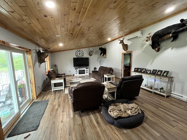550 E N St, Edmore, MI 48829 - living room featuring a wall mounted AC, wood finished floors, recessed lighting, wood ceiling, and baseboard heating