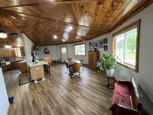550 E N St, Edmore, MI 48829 - living area featuring wooden ceiling, light wood finished floors, and ceiling fan