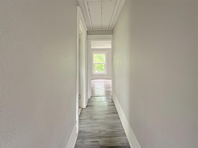93 Goguac St E, Battle Creek, MI 49015 - corridor with attic access, baseboards, wood finished floors, and a textured wall