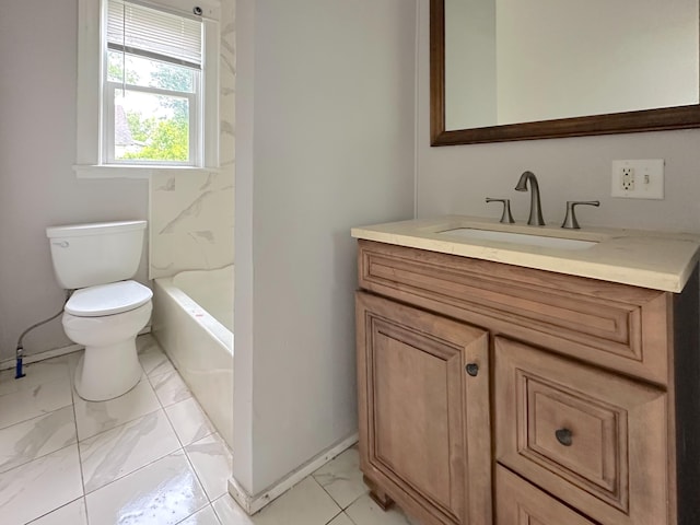 93 Goguac St E, Battle Creek, MI 49015 - bathroom featuring marble finish floors, vanity, toilet, and baseboards