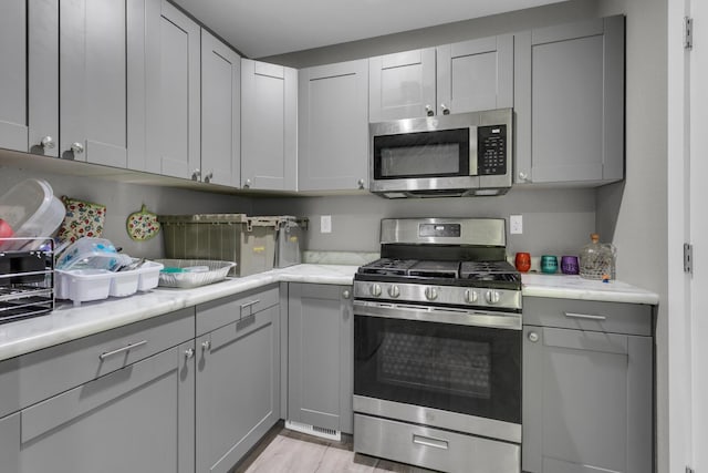 837 Backus St, Jackson, MI 49202 - kitchen with stainless steel appliances, gray cabinetry, light countertops, and light wood-type flooring
