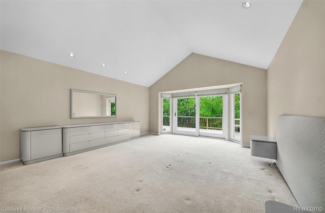 6560 Pleasant Lake Ct Unit 11, West Bloomfield, MI 48322 - unfurnished living room with high vaulted ceiling, carpet floors, recessed lighting, and baseboards