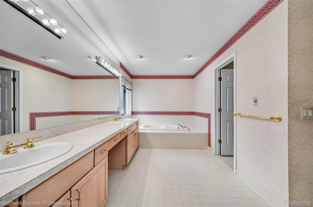 6560 Pleasant Lake Ct Unit 11, West Bloomfield, MI 48322 - bathroom featuring double vanity, a bath, ornamental molding, and tile patterned flooring