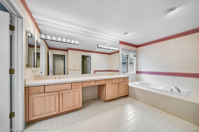 6560 Pleasant Lake Ct Unit 11, West Bloomfield, MI 48322 - full bathroom with double vanity, ornamental molding, a bath, and tile patterned flooring