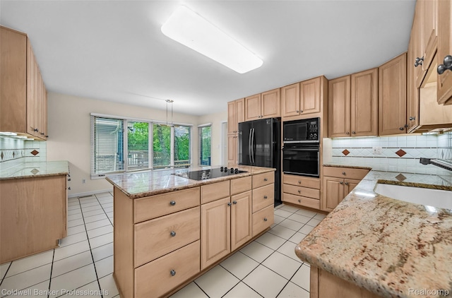6560 Pleasant Lake Ct Unit 11, West Bloomfield, MI 48322 - kitchen featuring black appliances, light brown cabinets, a sink, tasteful backsplash, and light tile patterned flooring