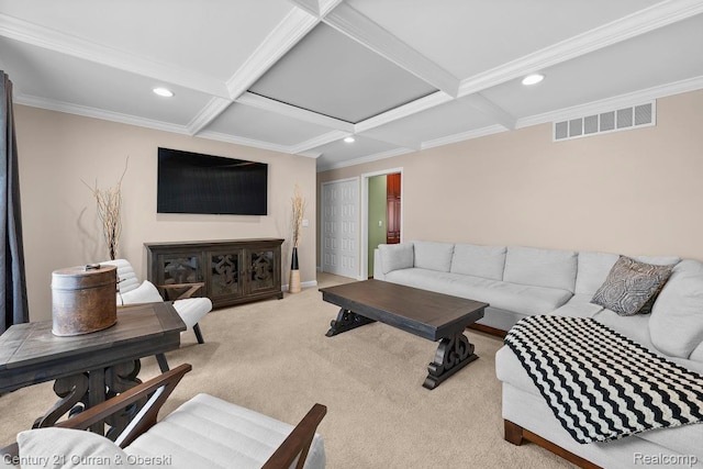 24018 Glen Ridge Ct, Novi, MI 48375 - carpeted living room with recessed lighting, coffered ceiling, beam ceiling, and baseboards