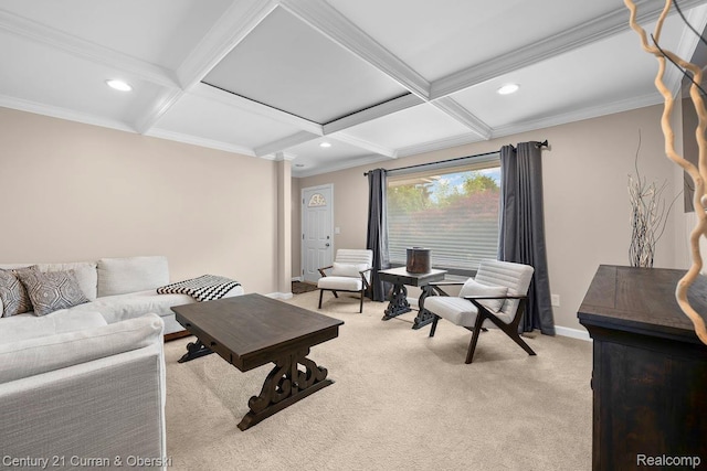 24018 Glen Ridge Ct, Novi, MI 48375 - living area with light carpet, beam ceiling, recessed lighting, baseboards, and coffered ceiling