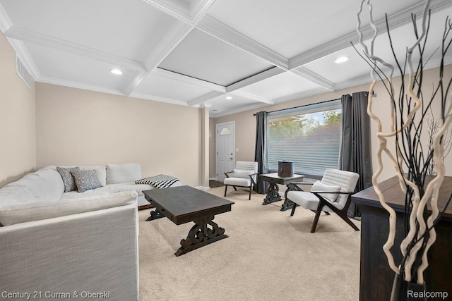 24018 Glen Ridge Ct, Novi, MI 48375 - carpeted living room featuring recessed lighting, beamed ceiling, coffered ceiling, crown molding, and baseboards