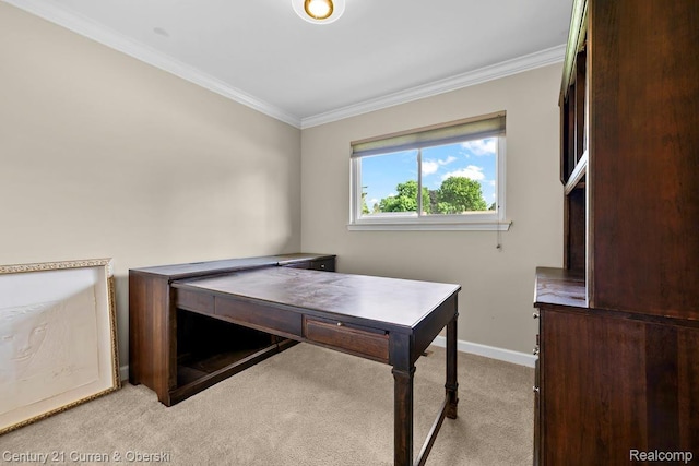 24018 Glen Ridge Ct, Novi, MI 48375 - office area featuring light carpet, ornamental molding, and baseboards