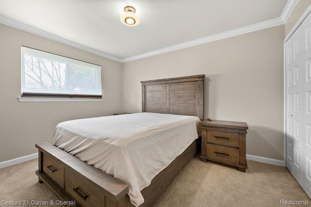 24018 Glen Ridge Ct, Novi, MI 48375 - bedroom with light colored carpet, ornamental molding, baseboards, and a closet