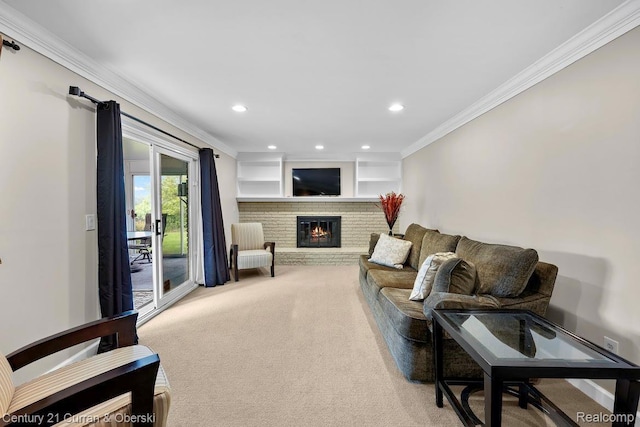 24018 Glen Ridge Ct, Novi, MI 48375 - carpeted living room with crown molding, a brick fireplace, and recessed lighting