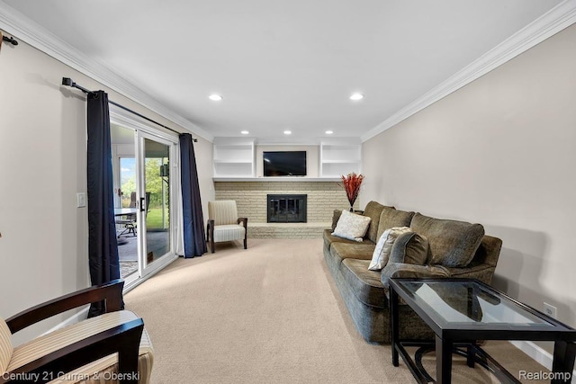 24018 Glen Ridge Ct, Novi, MI 48375 - living room with ornamental molding, a fireplace, carpet, and recessed lighting
