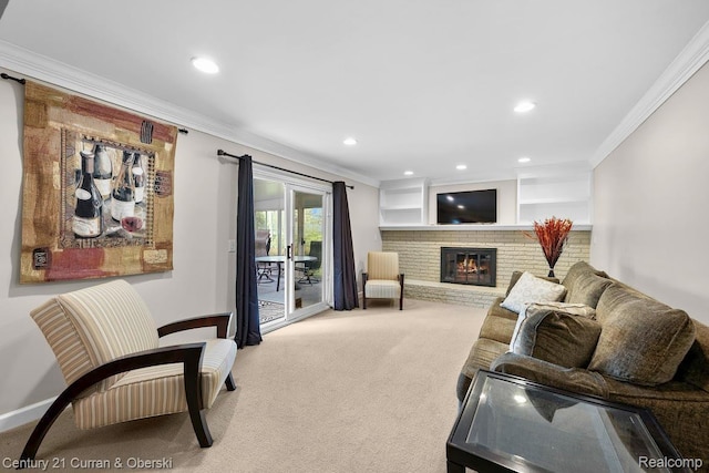 24018 Glen Ridge Ct, Novi, MI 48375 - carpeted living room featuring crown molding, a brick fireplace, recessed lighting, and baseboards