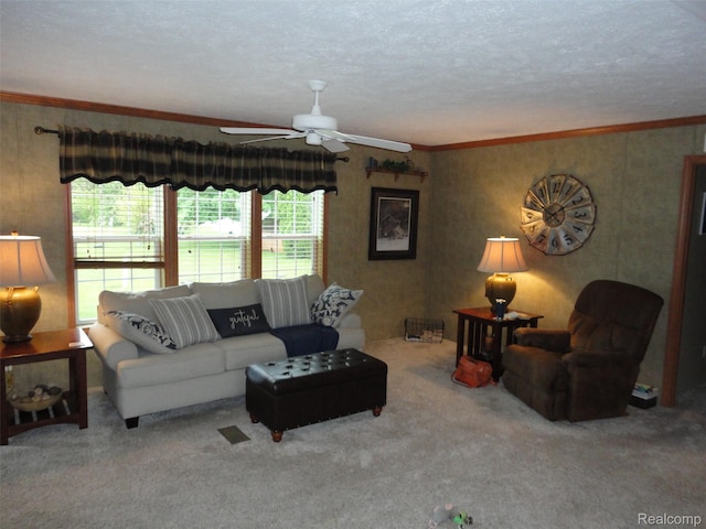 501 Kinloch, Temperance, MI 48182 - living area with a ceiling fan, carpet, crown molding, and a textured ceiling