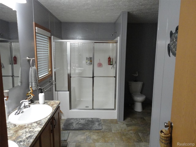 501 Kinloch, Temperance, MI 48182 - full bath with vanity, a shower stall, toilet, a textured ceiling, and stone finish flooring