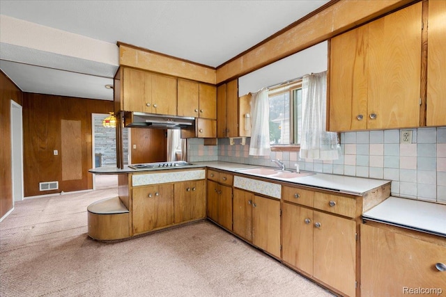 3301 S Kearsley Blvd, Flint, MI 48506 - kitchen featuring under cabinet range hood, a sink, brown cabinets, light countertops, and wood walls