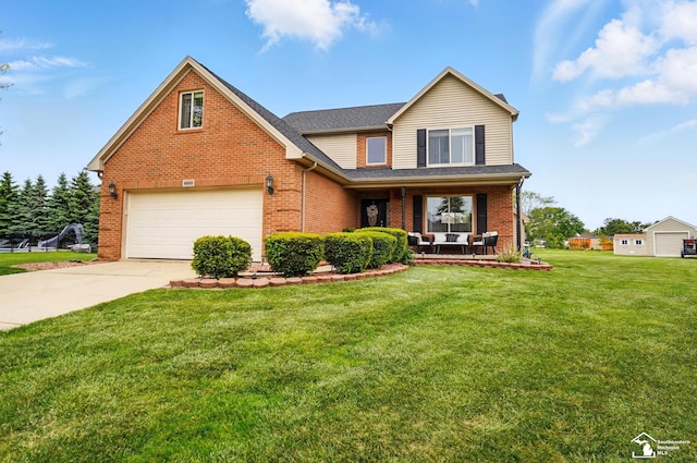 4853 Southpointe Pkwy, Monroe, MI 48161 - traditional-style house with brick siding, concrete driveway, a porch, a front yard, and a garage