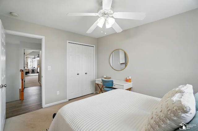 4853 Southpointe Pkwy, Monroe, MI 48161 - bedroom with light colored carpet, a closet, baseboards, and a ceiling fan