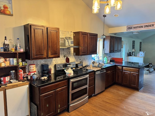 4211 Shelton Dr, Lambertville, MI 48144 - kitchen featuring appliances with stainless steel finishes, a peninsula, light wood-type flooring, dark brown cabinets, and a sink
