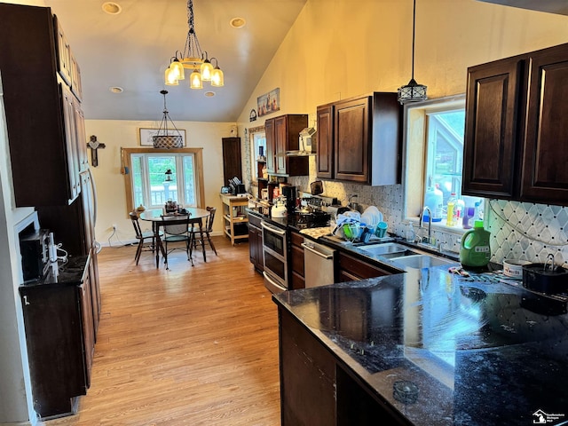 4211 Shelton Dr, Lambertville, MI 48144 - kitchen featuring a sink, stainless steel appliances, healthy amount of natural light, dark brown cabinets, and high vaulted ceiling