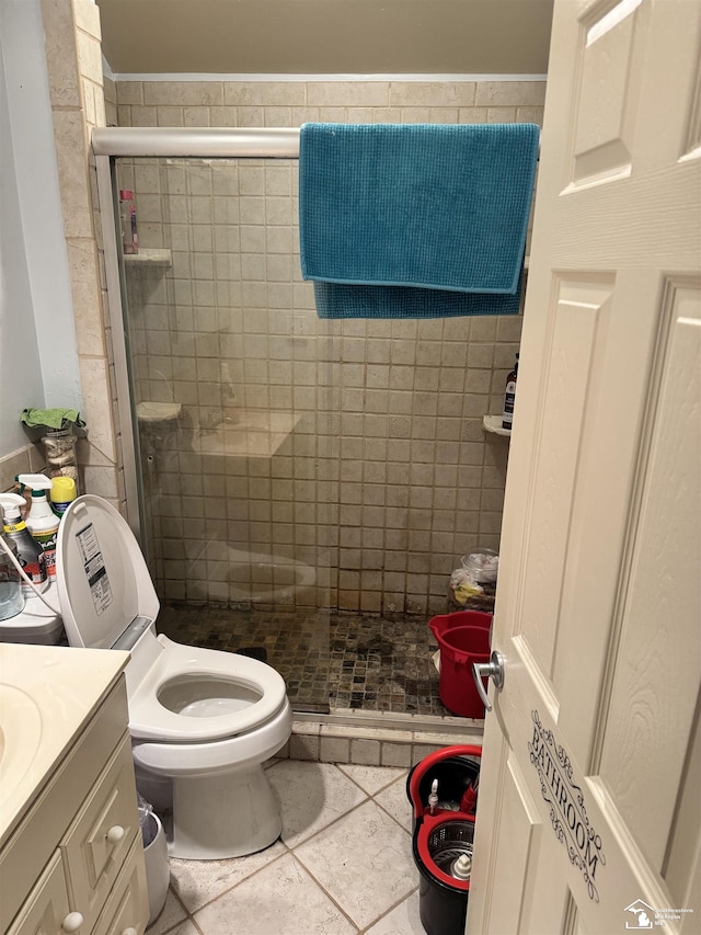 4211 Shelton Dr, Lambertville, MI 48144 - bathroom featuring toilet, a shower stall, vanity, tile patterned floors, and ornamental molding