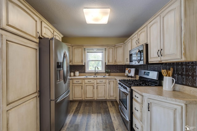 6432 Whiteford Center Rd, Lambertville, MI 48144 - kitchen featuring appliances with stainless steel finishes, a sink, light brown cabinets, dark wood-style floors, and light countertops