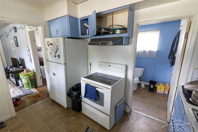 1221 Marsac St, Bay City, MI 48708 - kitchen with white appliances, blue cabinets, ventilation hood, and crown molding