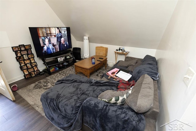 1221 Marsac St, Bay City, MI 48708 - home theater room featuring wood finished floors and vaulted ceiling