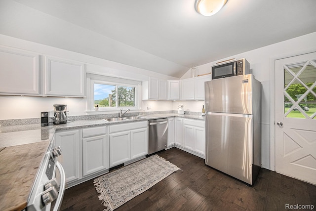 4340 Austin Rd, Saline, MI 48176 - kitchen featuring stainless steel appliances, a sink, vaulted ceiling, dark wood-type flooring, and white cabinetry