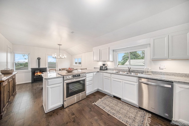 4340 Austin Rd, Saline, MI 48176 - kitchen featuring appliances with stainless steel finishes, a sink, a peninsula, dark wood finished floors, and lofted ceiling