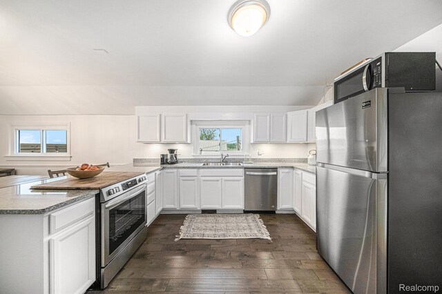 4340 Austin Rd, Saline, MI 48176 - kitchen with stainless steel appliances, a sink, dark wood-type flooring, and white cabinetry