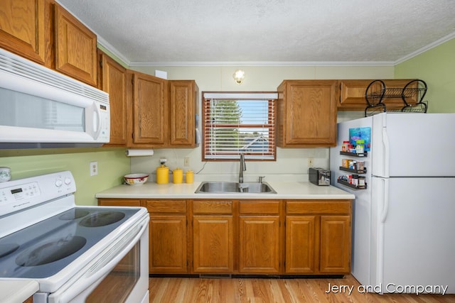 2058 N White Birch Dr, Mears, MI 49436 - kitchen featuring white appliances, a sink, brown cabinets, light countertops, and crown molding