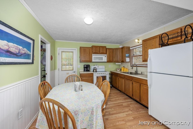 2058 N White Birch Dr, Mears, MI 49436 - kitchen with white appliances, a textured ceiling, a sink, brown cabinetry, and wainscoting