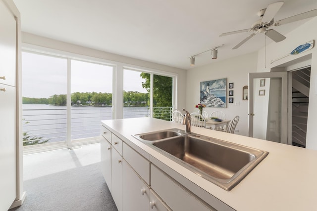 15657 Lakeview Dr, Buchanan, MI 49107 - kitchen featuring a sink, a water view, light countertops, and light colored carpet