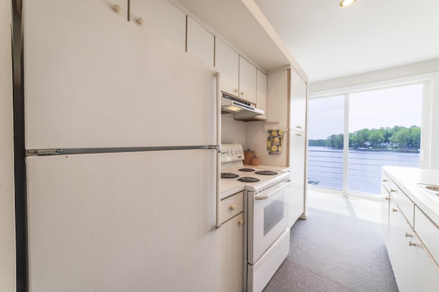 15657 Lakeview Dr, Buchanan, MI 49107 - kitchen with white appliances, under cabinet range hood, light countertops, white cabinetry, and a water view