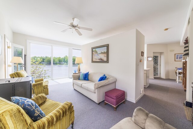 15657 Lakeview Dr, Buchanan, MI 49107 - living area featuring carpet floors, ceiling fan, a water view, and baseboards