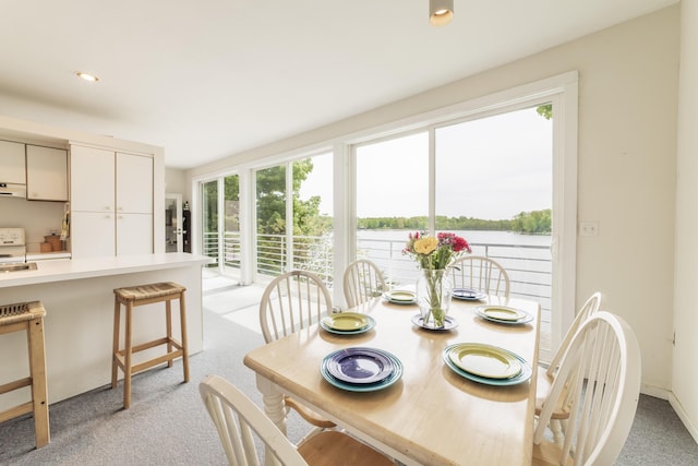 15657 Lakeview Dr, Buchanan, MI 49107 - dining space featuring light colored carpet, a water view, and recessed lighting