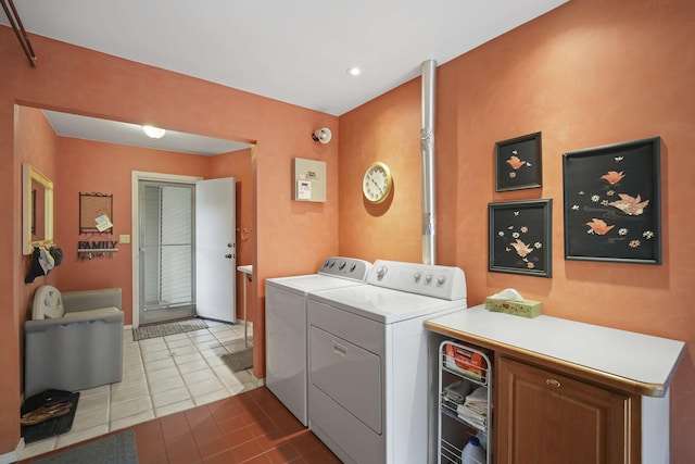 12741 Sharon Hollow Rd, Manchester, MI 48158 - laundry room featuring washer and clothes dryer, tile patterned flooring, and recessed lighting