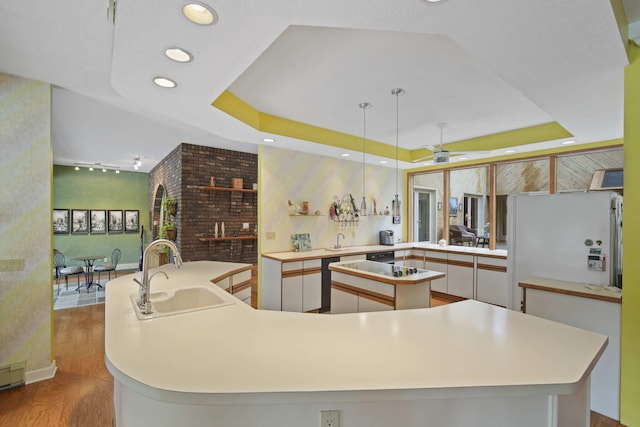 12741 Sharon Hollow Rd, Manchester, MI 48158 - kitchen featuring a large island, a sink, a tray ceiling, wood finished floors, and recessed lighting