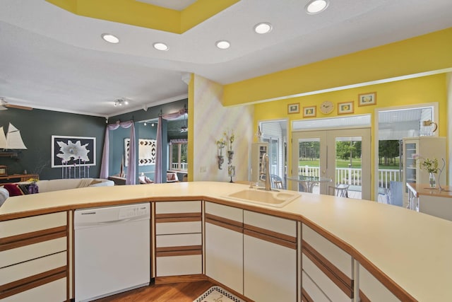 12741 Sharon Hollow Rd, Manchester, MI 48158 - kitchen featuring dishwasher, french doors, a sink, open floor plan, and wood finished floors