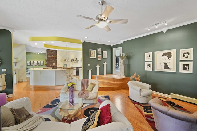 12741 Sharon Hollow Rd, Manchester, MI 48158 - living room featuring light wood finished floors, a ceiling fan, baseboard heating, crown molding, and a textured ceiling