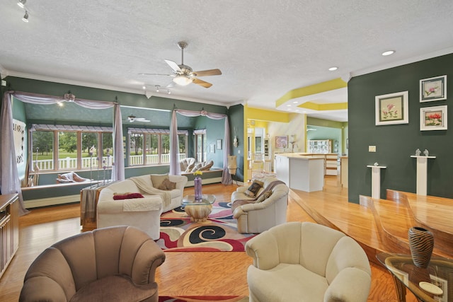 12741 Sharon Hollow Rd, Manchester, MI 48158 - living area with a textured ceiling, wood finished floors, ceiling fan, recessed lighting, and ornamental molding