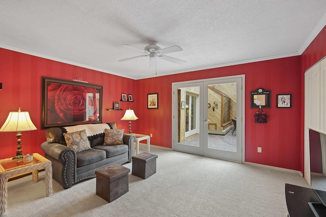 12741 Sharon Hollow Rd, Manchester, MI 48158 - carpeted living room with ornamental molding, ceiling fan, a textured ceiling, french doors, and baseboards