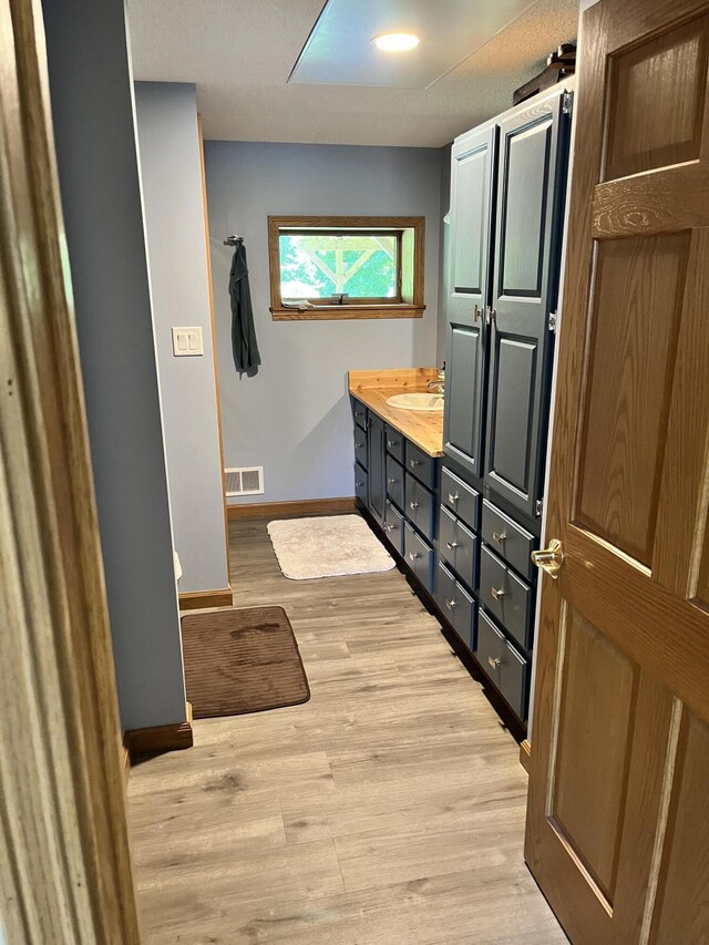 7033 N M-140, Watervliet, MI 49098 - bathroom featuring baseboards, wood finished floors, vanity, and a shower