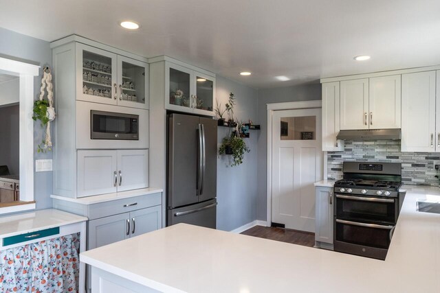 10989 E D E Ave, Richland, MI 49083 - kitchen featuring appliances with stainless steel finishes, under cabinet range hood, recessed lighting, backsplash, and light countertops