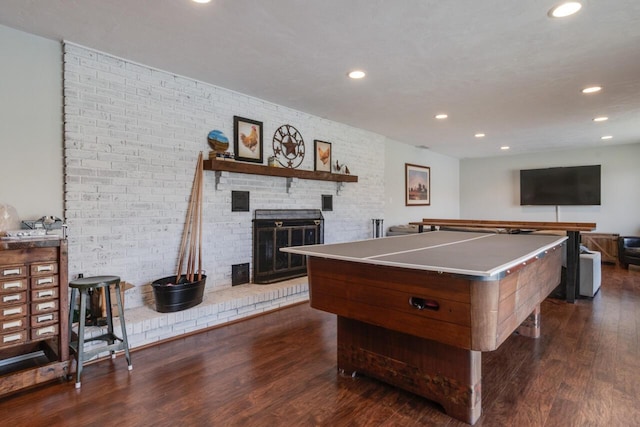 10989 E D E Ave, Richland, MI 49083 - recreation room with dark wood-style floors, recessed lighting, and a brick fireplace