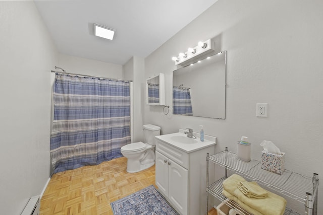 12021 Pope Church Rd, Springport, MI 49284 - bathroom with a baseboard heating unit, vanity, toilet, and a shower with shower curtain