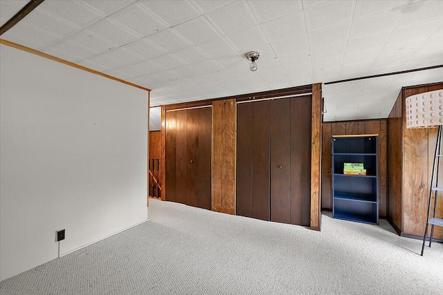 236 Simpson St, Grass Lake, MI 49240 - unfurnished bedroom with carpet floors, wooden walls, and multiple closets