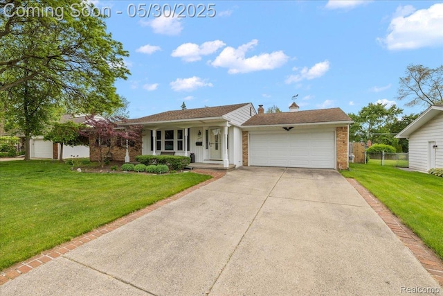7188 Vicksburg Cir, Shelby Twp, MI 48317 - single story home with brick siding, a garage, concrete driveway, a chimney, and covered porch