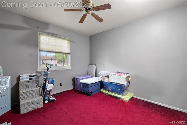 7188 Vicksburg Cir, Shelby Twp, MI 48317 - playroom featuring carpet, ceiling fan, and baseboards
